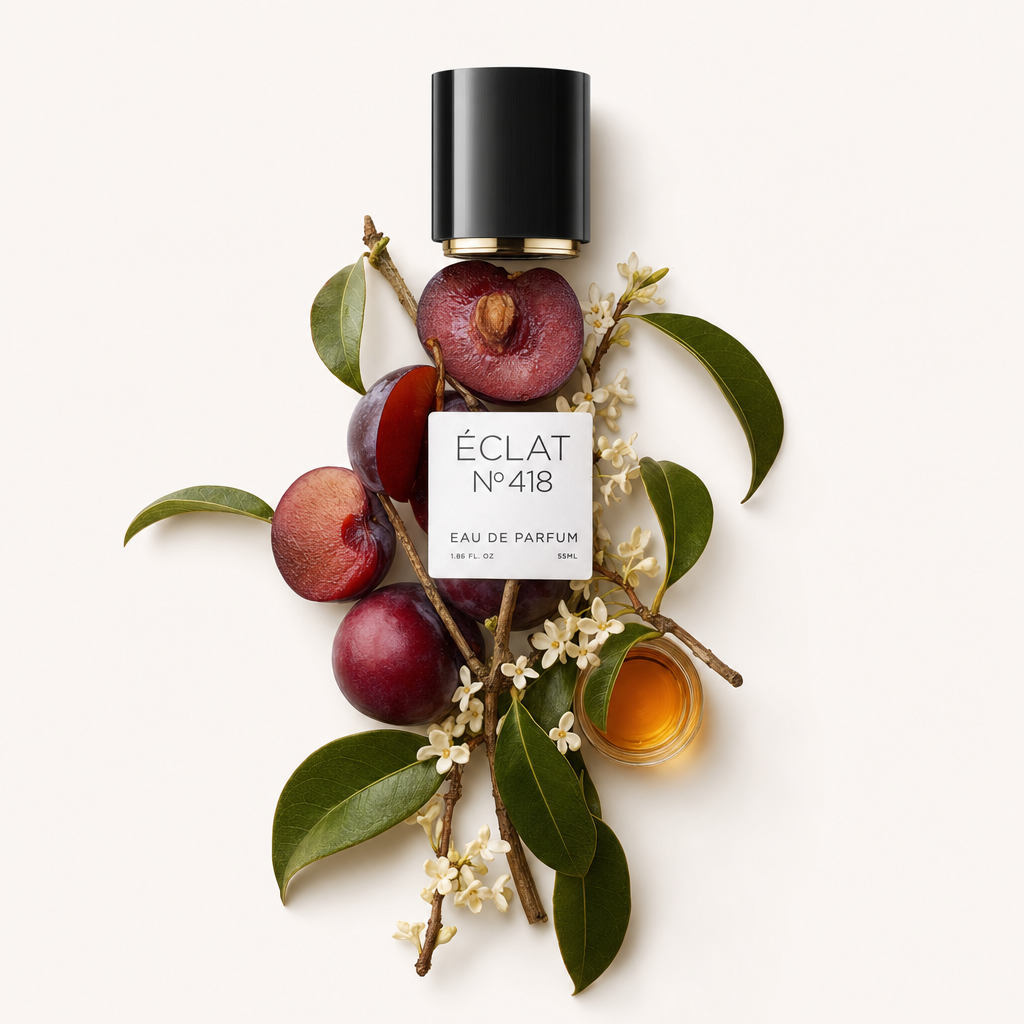 Kompozycja z świeżych śliwek, zielonych liści i delikatnych kwiatów z czarną nakrętką i etykietą ÉCLAT Sweet Cherry Plum.