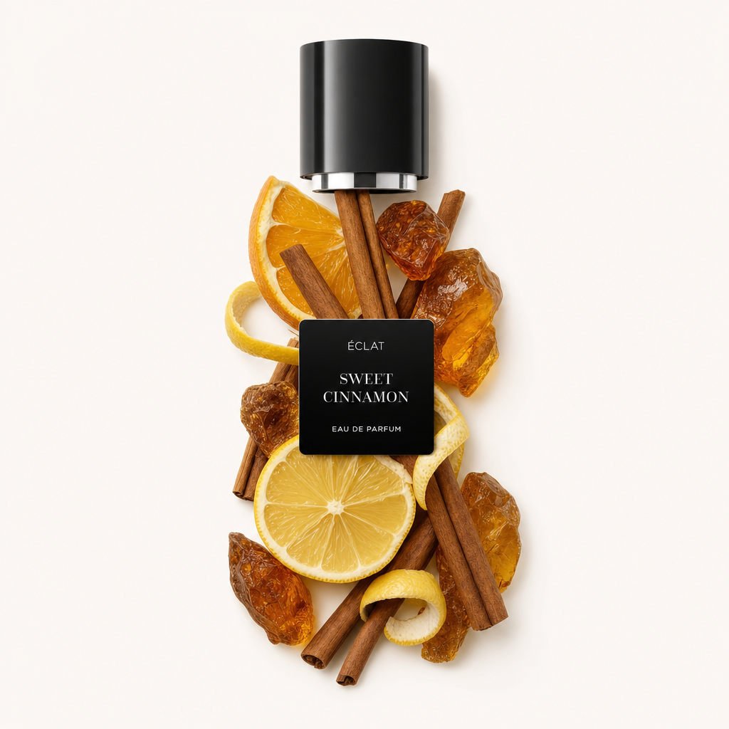 Kompozycja z lasek cynamonu, plastrów cytrusów i żywicy bursztynowej wokół czarnej nakrętki z etykietą ÉCLAT Sweet Cinnamon.