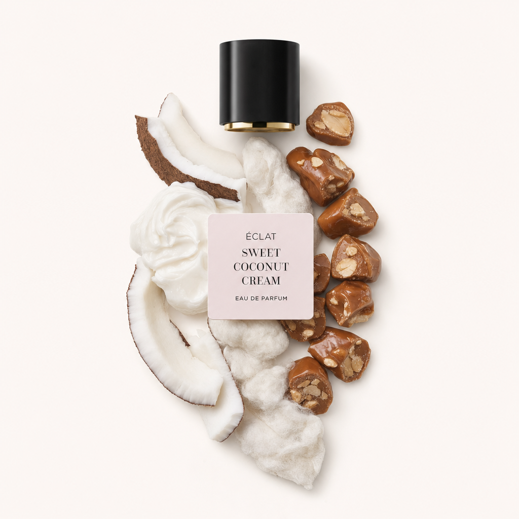 Kompozycja z kawałków kokosa, puszystej śmietany i kawałków karmelu otacza czarną zakrętkę z etykietą ÉCLAT Sweet Coconut Cream.