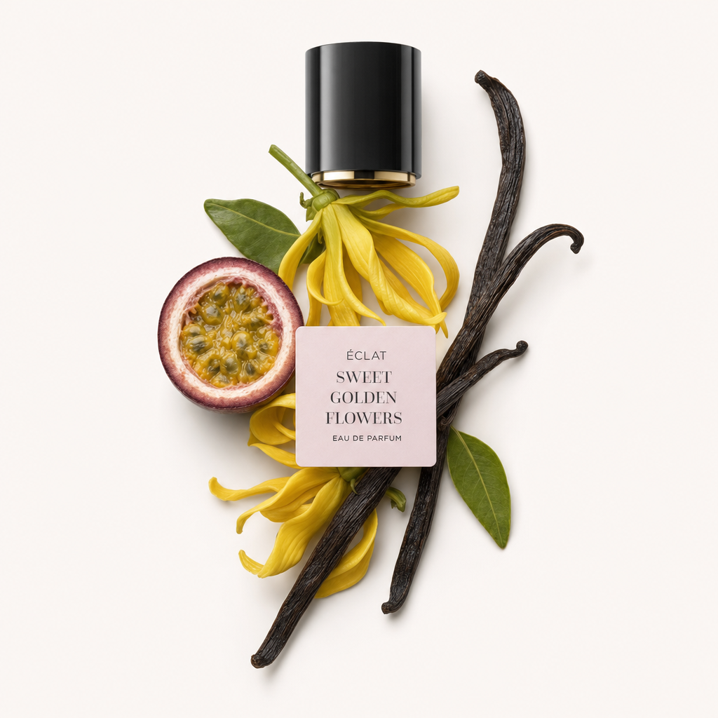 Czarna nakrętka z etykietą otoczona żółtymi kwiatami, połówką owocu pasji, zielonymi liśćmi i laskami wanilii, reprezentującymi ÉCLAT Sweet Golden Flowers.