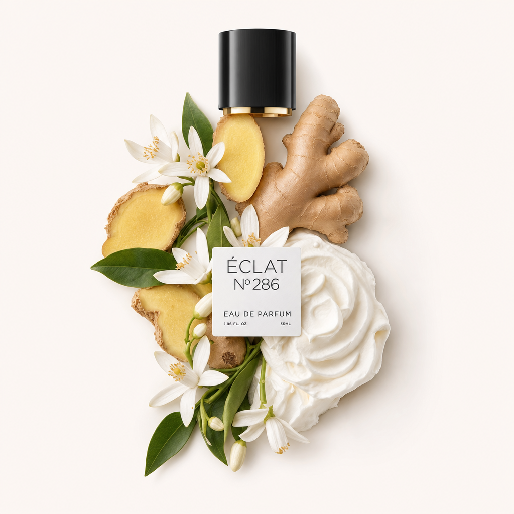 Kompozycja białych kwiatów jaśminu, plastrów imbiru i wiru kremu wokół czarnej nakrętki z etykietą dla ÉCLAT Sweet Jasmine Cream.