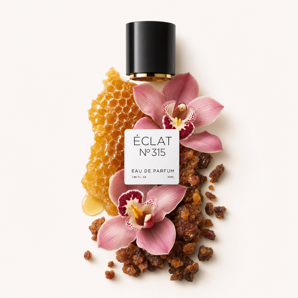Delikatne ułożenie różowych orchidei, plastra miodu i żywicy bursztynowej otacza czarną nakrętkę ze złotym akcentem, oznakowaną jako ÉCLAT VIP Sweet Orchid.