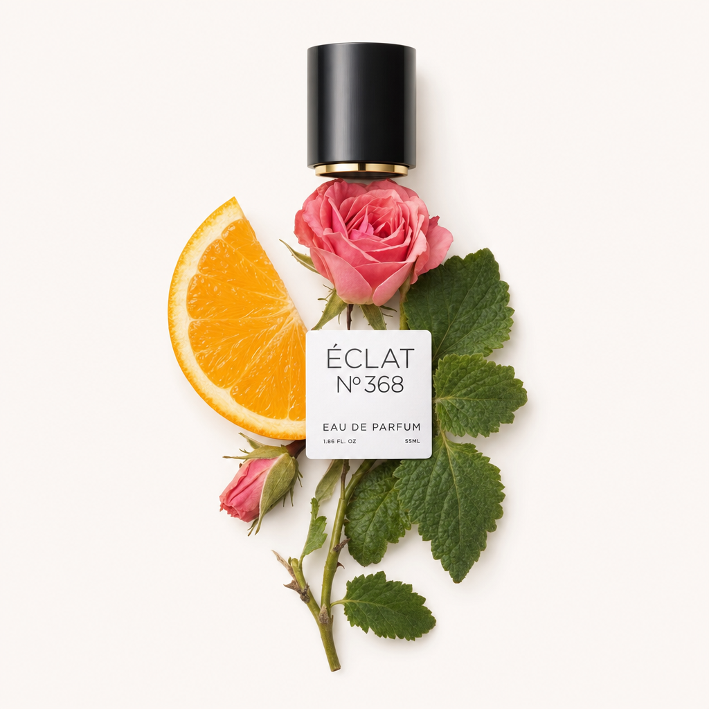 Kompozycja z plastra pomarańczy, różowych róż i zielonych liści ułożonych pod czarną nakrętką z etykietą ÉCLAT Sweet Patchouli.
