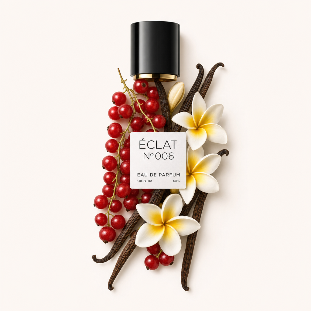 Kompozycja z czerwonych porzeczek i lasek wanilii z białymi kwiatami, zwieńczona czarną nasadką z etykietą ÉCLAT Sweet Red Currant.