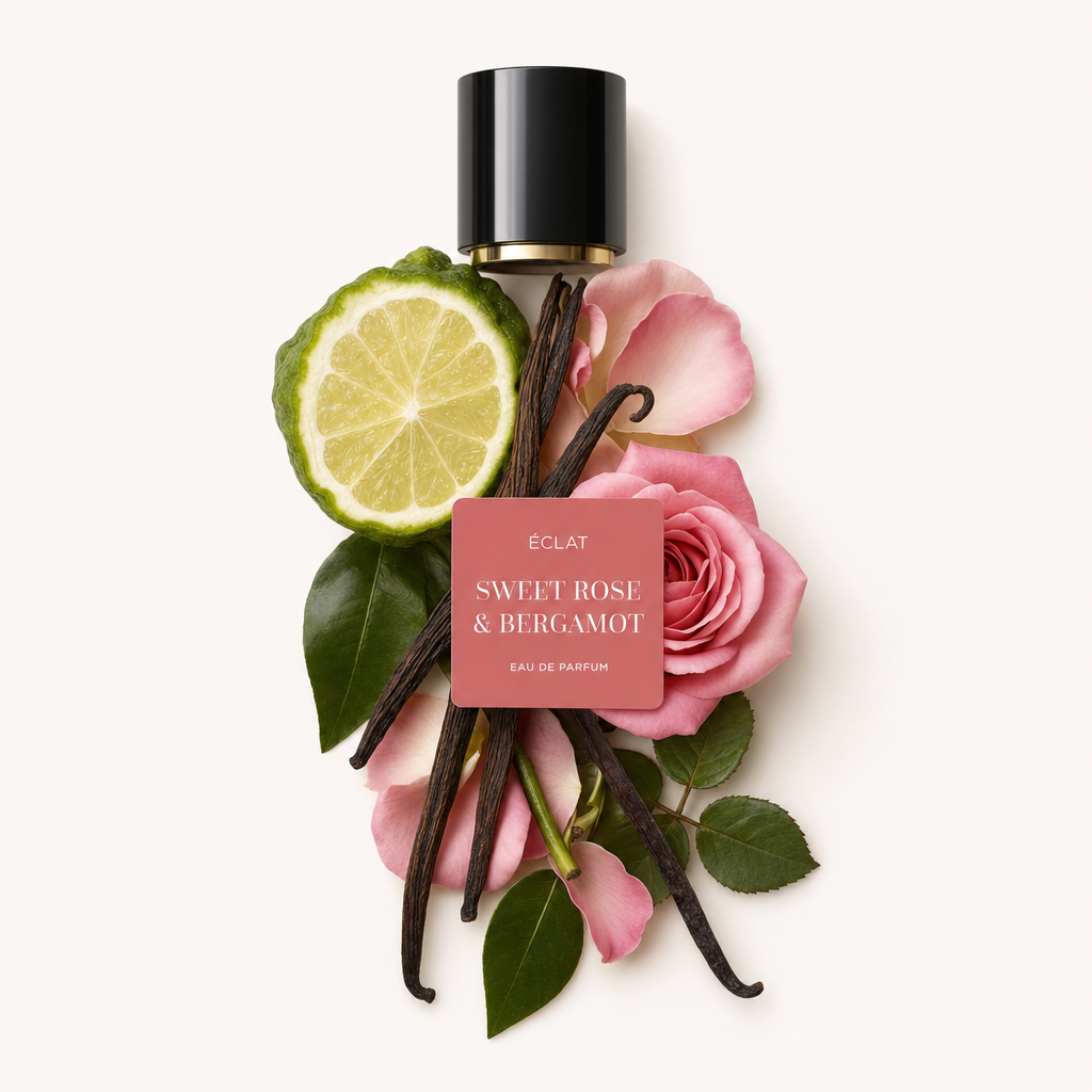Układ z plastra bergamotki, różowych płatków róży i strąków wanilii otacza czarną nakrętkę z etykietą ÉCLAT Sweet Rose & Bergamot.