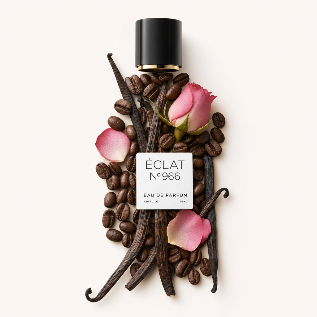 Aranżacja z różowych kwiatów róży, ziaren kawy i lasek wanilii otacza czarną nakrętkę z etykietą ÉCLAT Sweet Rose & Coffee.