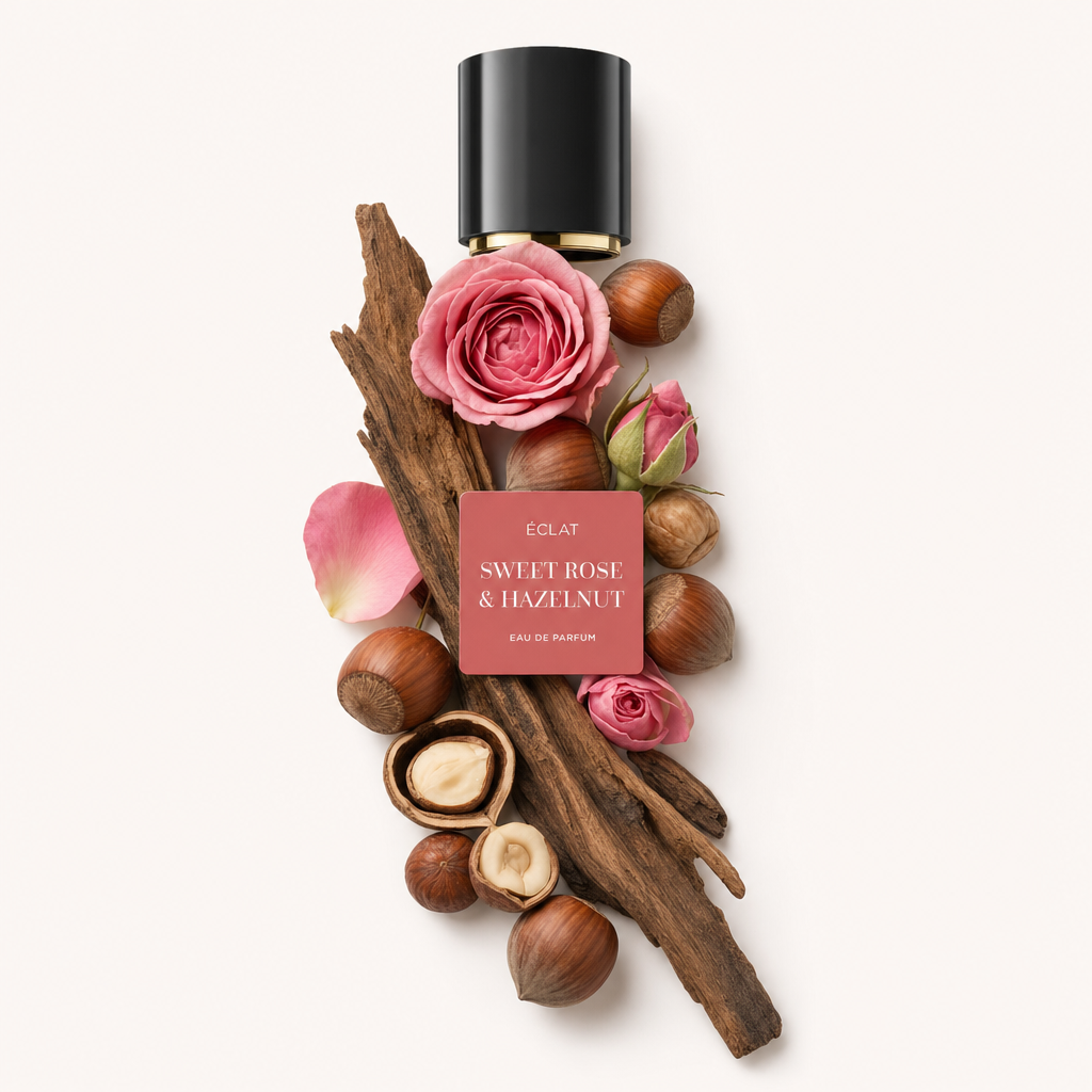 Aranżacja róż, orzechów laskowych i kory z czarną nakrętką ÉCLAT Sweet Rose & Hazelnut na górze.