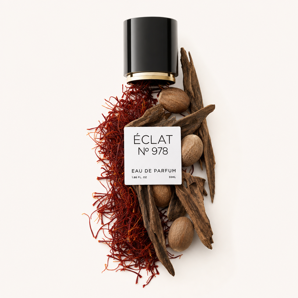 Kompozycja z żywych nitek szafranu, kawałków drzewa oud i całej gałki muszkatołowej otacza czarną pokrywę ze złotym akcentem i etykietą ÉCLAT Sweet Saffron & Oud.