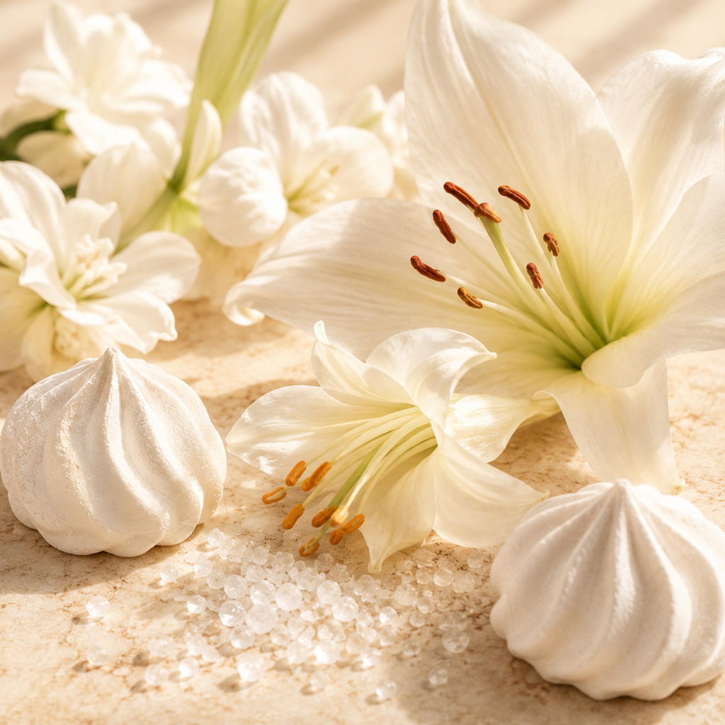 Białe lilie, kryształki soli morskiej i bezy elegancko ułożone, reprezentują ÉCLAT Sweet-Salty Blossoms.