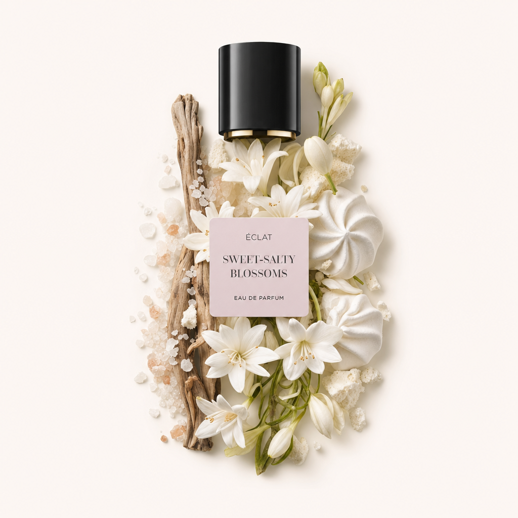 Kompozycja białych kwiatów, bez, kryształków soli i drewna dryfującego otacza czarną nakrętkę ÉCLAT Sweet-Salty Blossoms z etykietą.