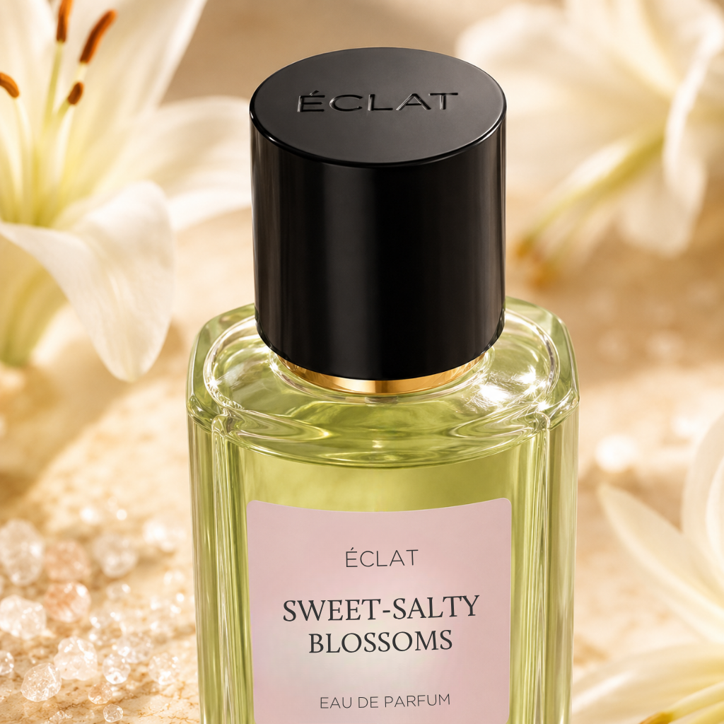 Fasetowana szklana butelka ÉCLAT Sweet-Salty Blossoms z czarną nakrętką, otoczona kwiatami.