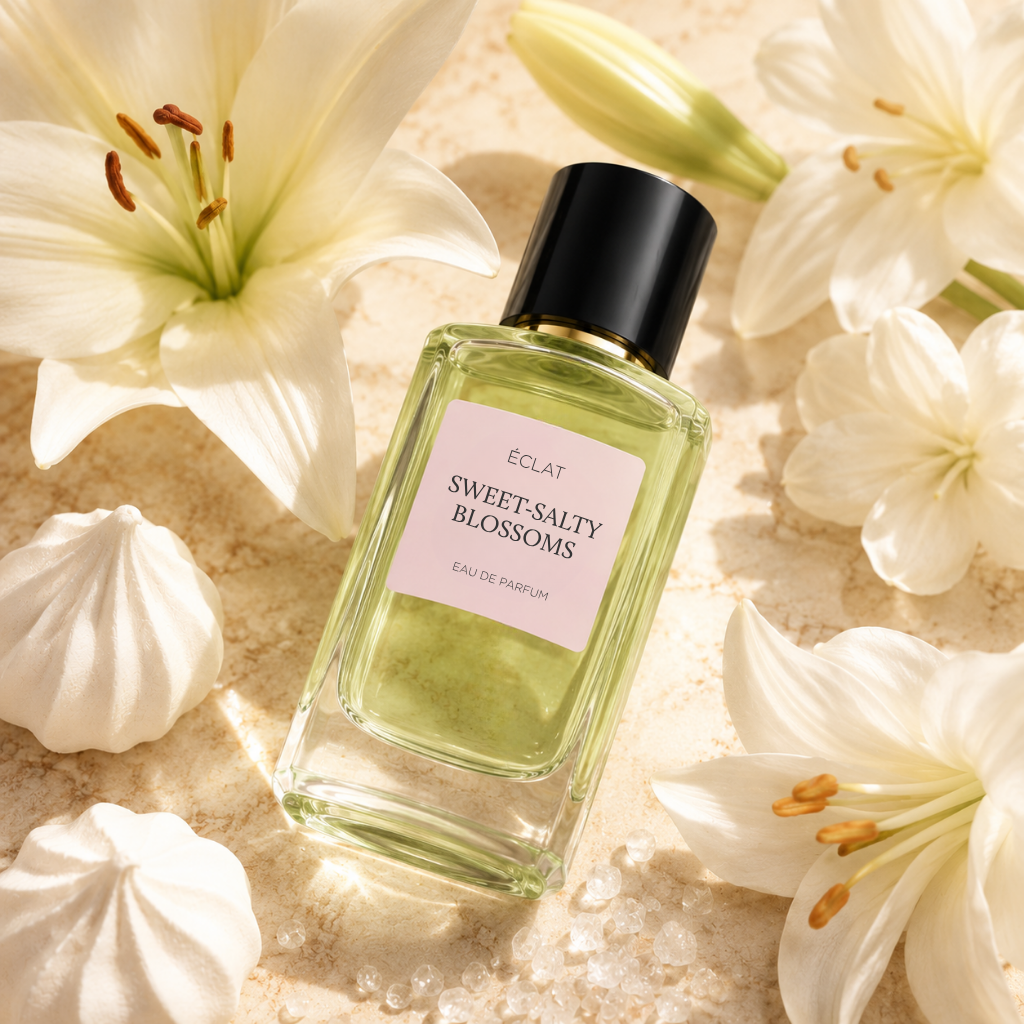 Fasetowana szklana butelka perfum ÉCLAT Sweet-Salty Blossoms z czarną nakrętką, otoczona białymi liliami i bezami.