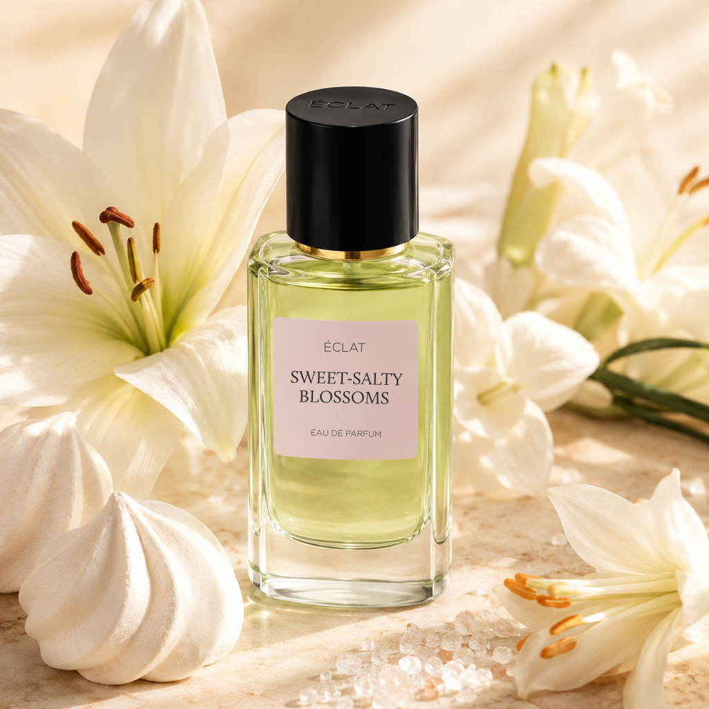 Flakon perfum ÉCLAT Sweet-Salty Blossoms z zielonkawym płynem i czarnym korkiem, otoczony białymi liliami i bezami.