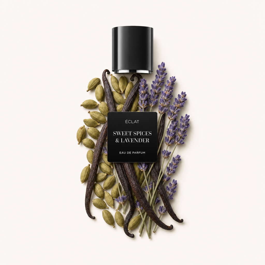 Kompozycja złożona z kardamonu, lasek wanilii i gałązek lawendy otacza czarną nakrętkę z etykietą ÉCLAT Sweet Spices & Lavender.