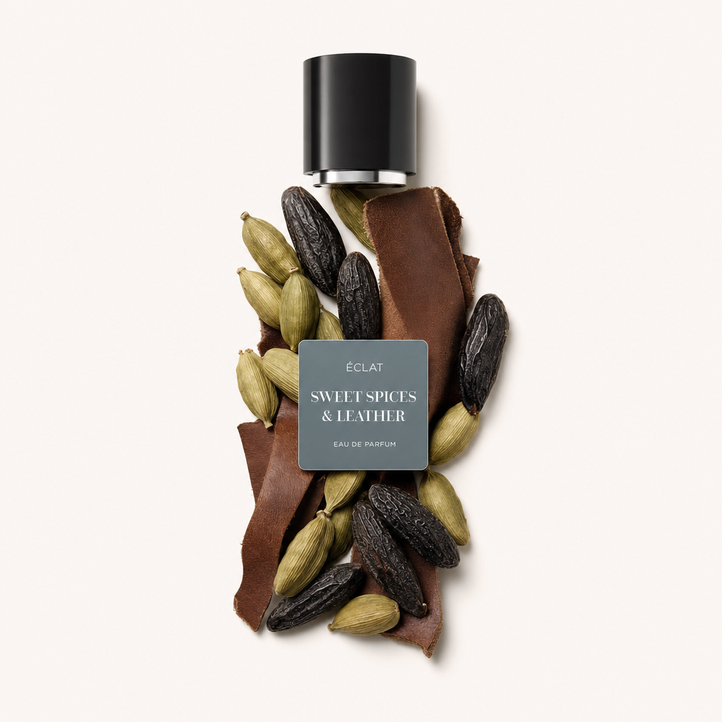 Układ z łupin kardamonu, pasków skóry i fasoli tonka otacza czarną nasadkę z etykietą ÉCLAT Sweet Spices & Leather.