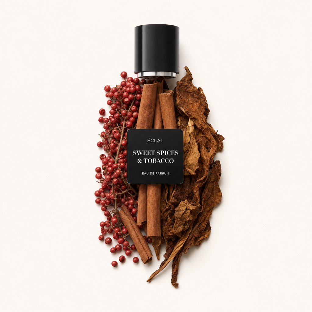 Aranżacja z lasek cynamonu, czerwonego pieprzu i suszonych liści tytoniu z czarną nakrętką oznaczoną ÉCLAT Sweet Spices & Tobacco.