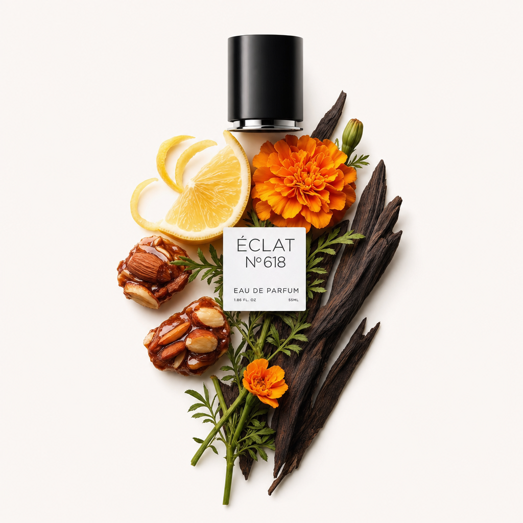 Aranżacja składników słodkich i pikantnych z żywą aksamitką, plastrami cytryny, strąkami wanilii i migdałami wokół nakrętki ÉCLAT Sweet Spicy Tagetes z etykietą.