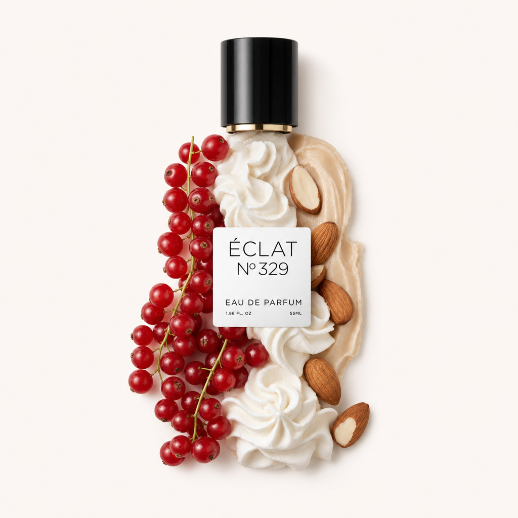 Artystyczna kompozycja z kremowych wirów, migdałów i żywych czerwonych porzeczek, otaczająca czarną nakrętkę z etykietą ÉCLAT Sweet Whipped Cream.