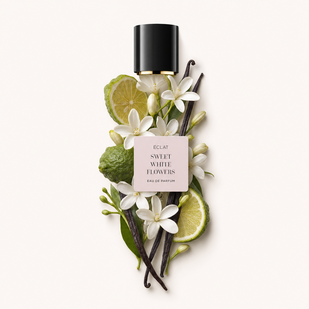Aranżacja białych kwiatów, plastrów limonki i laski wanilii otacza czarną nakrętkę z etykietą ÉCLAT Sweet White Flowers.