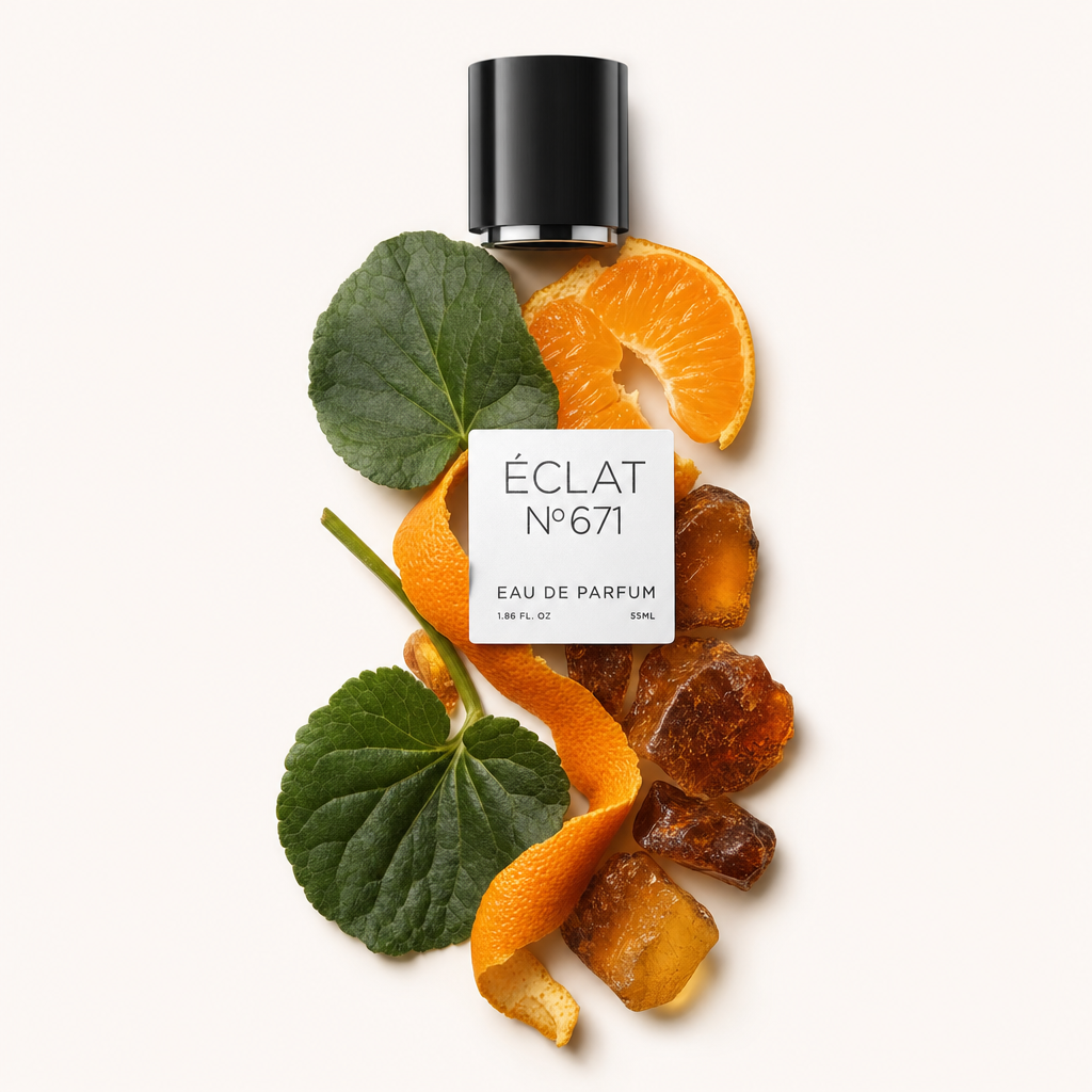 Kompozycja z segmentów i skórki mandarynki, liści geranium i żywicy bursztynowej otacza czarną nasadkę z etykietą ÉCLAT Synthetic Tangerine.