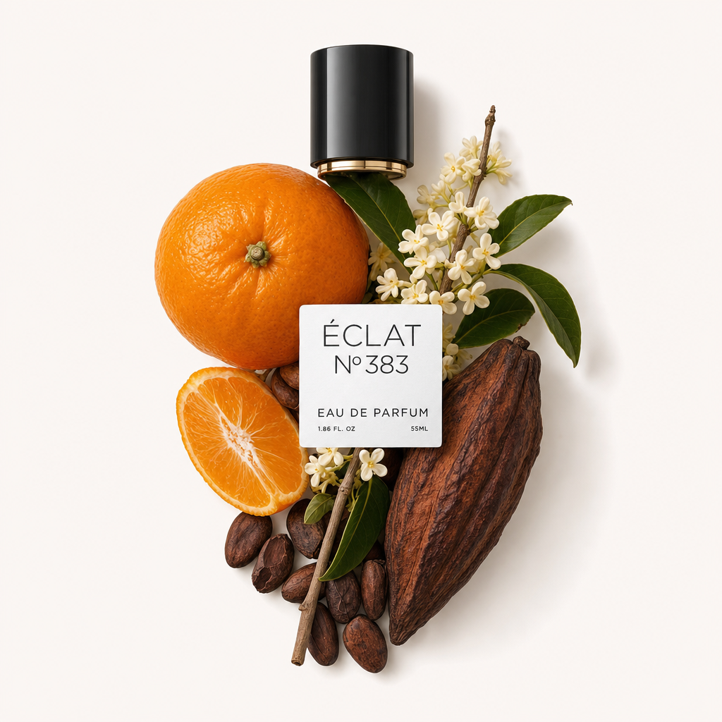 Kompozycja z mandarynek, ziaren kakao, białych kwiatów i zielonych liści otacza czarną nasadkę z etykietą ÉCLAT Tangerine & Cocoa.