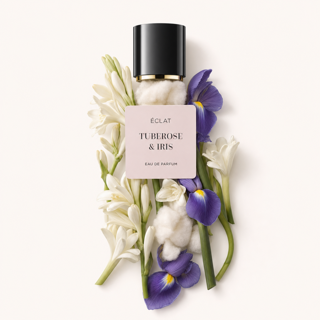 Kompozycja z kwiatów tuberozy i irysa z czarną nakrętką z etykietą ÉCLAT Tuberose & Iris.