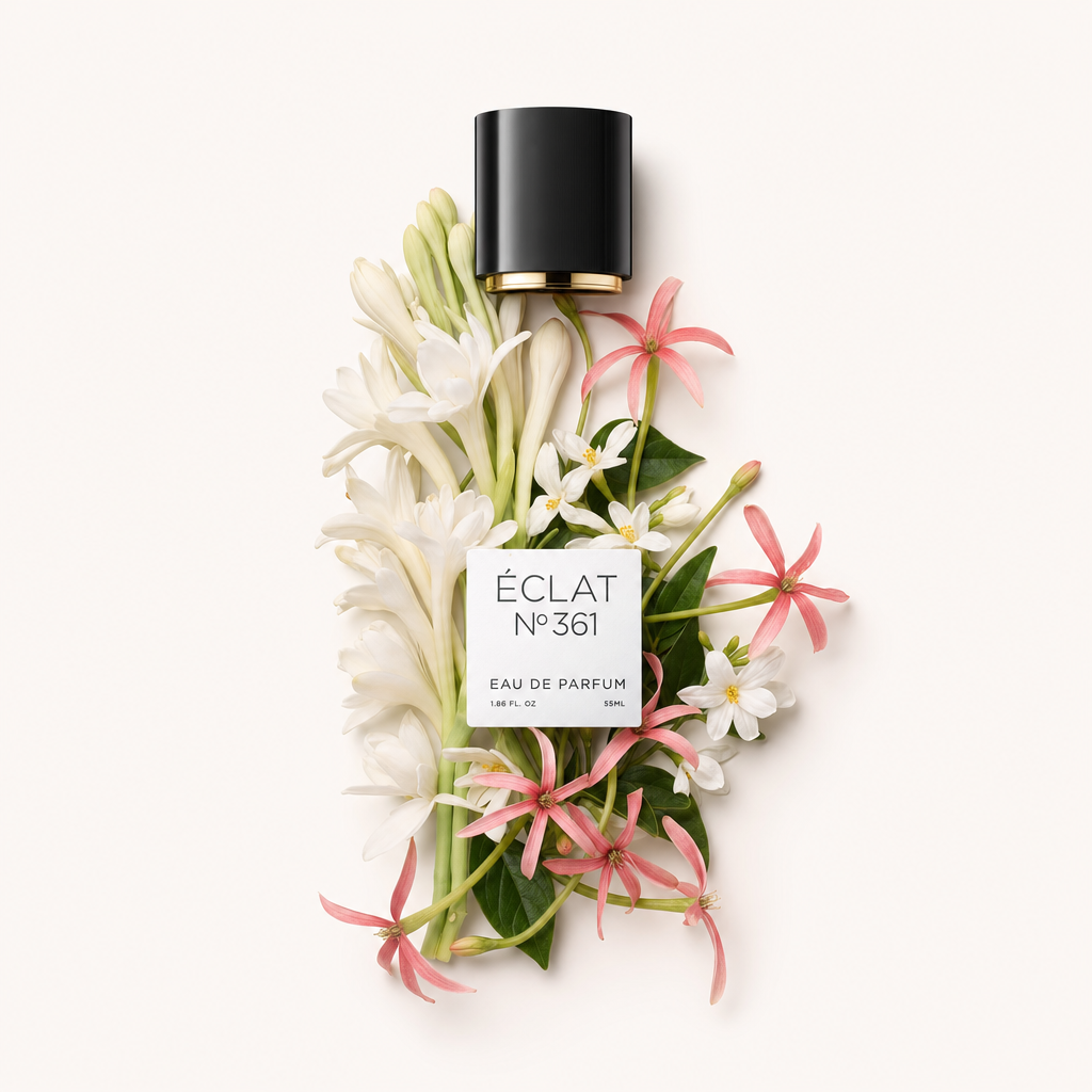 Kompozycja z białych tuberozy i różowego jaśminu otacza czarną nasadkę z etykietą ÉCLAT Tuberose & Jasmine.