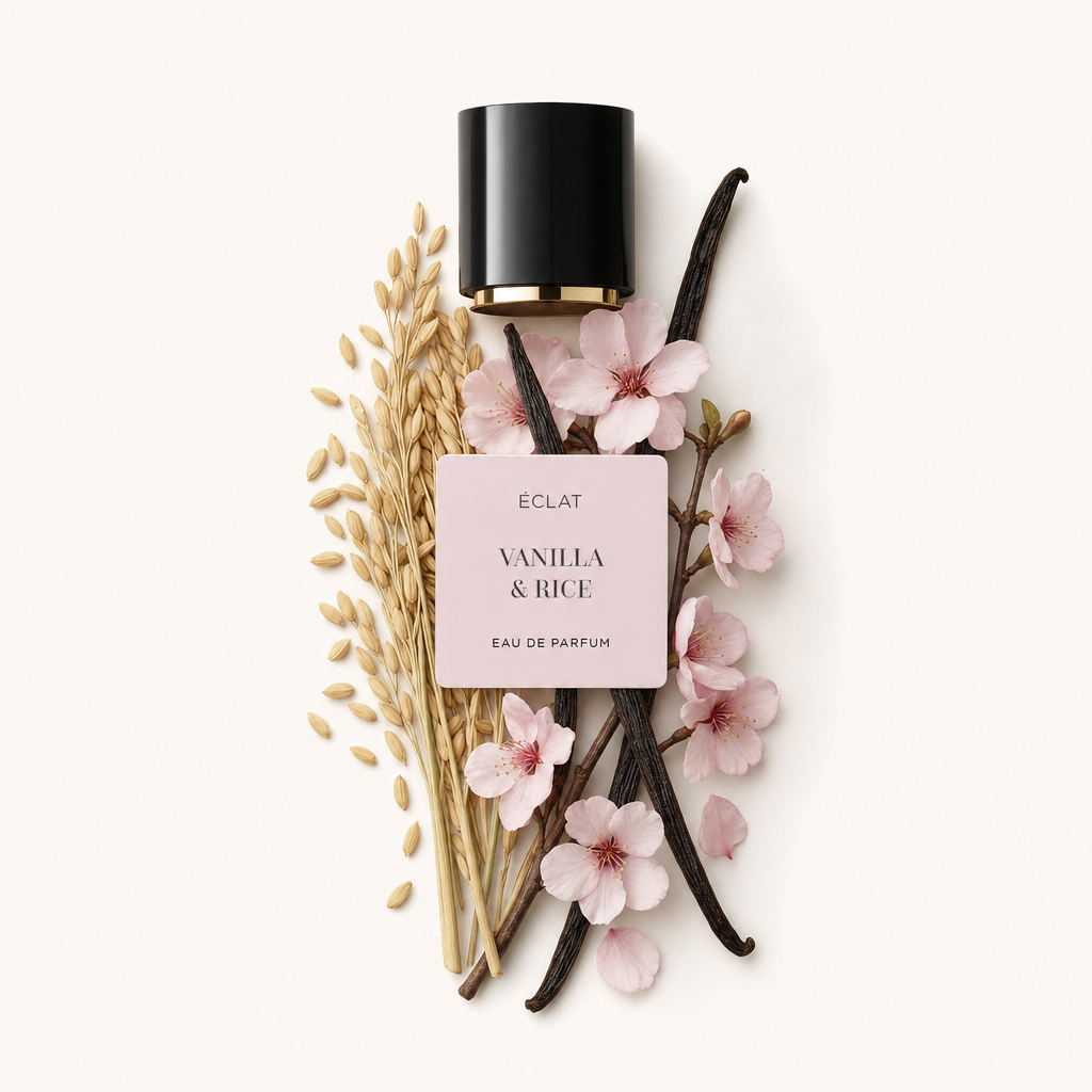 Artystycznie ułożone ziarna ryżu, laski wanilii i delikatne różowe kwiaty otaczają czarną nakrętkę z etykietą ÉCLAT Vanilla & Rice.
