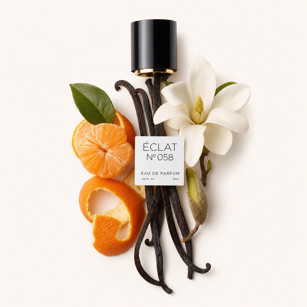 Aranżacja z lasek wanilii, obranego mandarynki i kwiatu magnolii, z czarną nakrętką noszącą etykietę ÉCLAT Vanilla & Tangerine.