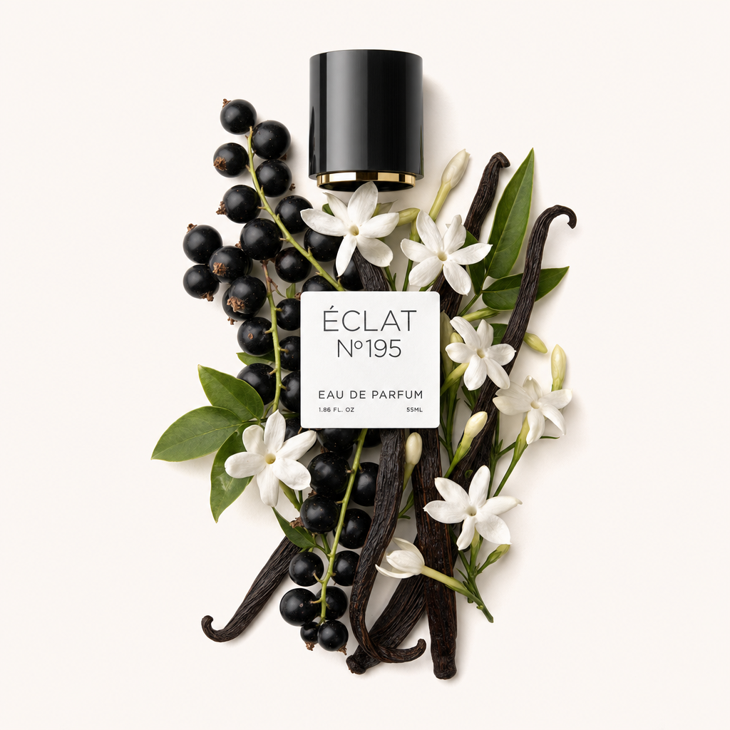 Kompozycja z czarnej porzeczki, lasek wanilii i białych kwiatów artystycznie otacza czarną zakrętkę z etykietą ÉCLAT Vanilla & Tonka Bean.