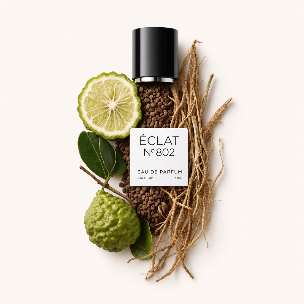 Kompozycja z korzeni wetiweru, plastrów bergamotki i liści otacza oryginalną czarną nakrętkę ÉCLAT Vetiver & Bergamot, ukazując naturalne elementy zapachu.