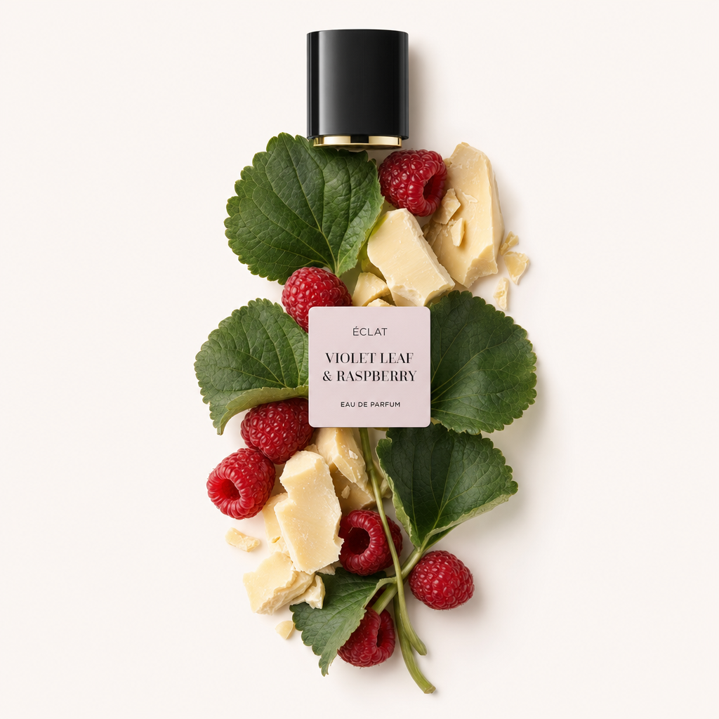 Kompozycja ze świeżych malin i liści fiołka, otoczona kawałkami białej czekolady, z oryginalnym czarnym korkiem z etykietą ÉCLAT Violet Leaf & Raspberry.