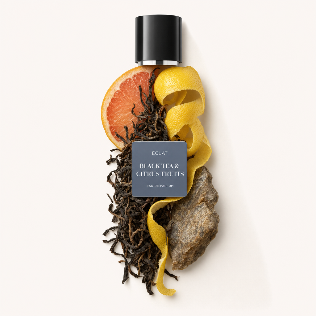 Kompozycja liści czarnej herbaty, plaster grejpfruta, skórka cytryny i kamień obok zakrętki ÉCLAT Black Tea & Citrus Fruits z etykietą.