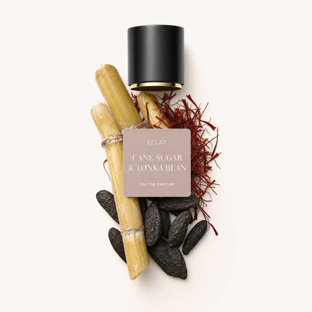 Aranżacja z surowych fasoli tonka, lasek trzciny cukrowej i nitek szafranu, z czarną nasadką z etykietą ÉCLAT Cane Sugar & Tonka Bean.
