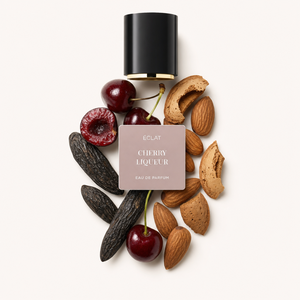 Starannie zaaranżowana martwa natura z wiśniami, laskami wanilii, migdałami i skorupkami otacza czarną nasadkę z etykietą ÉCLAT Cherry Liqueur.