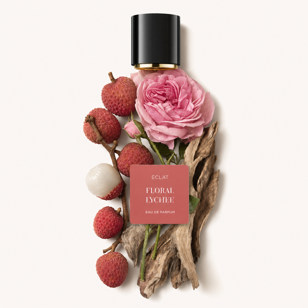 Kompozycja z owocami liczi, różową różą i dryfującym drewnem wokół czarnej nakrętki ÉCLAT z etykietą 'ÉCLAT Floral Lychee'.