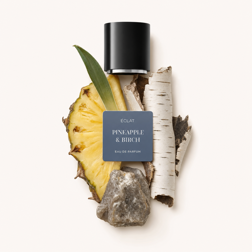 Kompozycja z plasterka ananasa, kory brzozy i teksturowanej skały otacza czarną nakrętkę z etykietą ÉCLAT Pineapple & Birch.