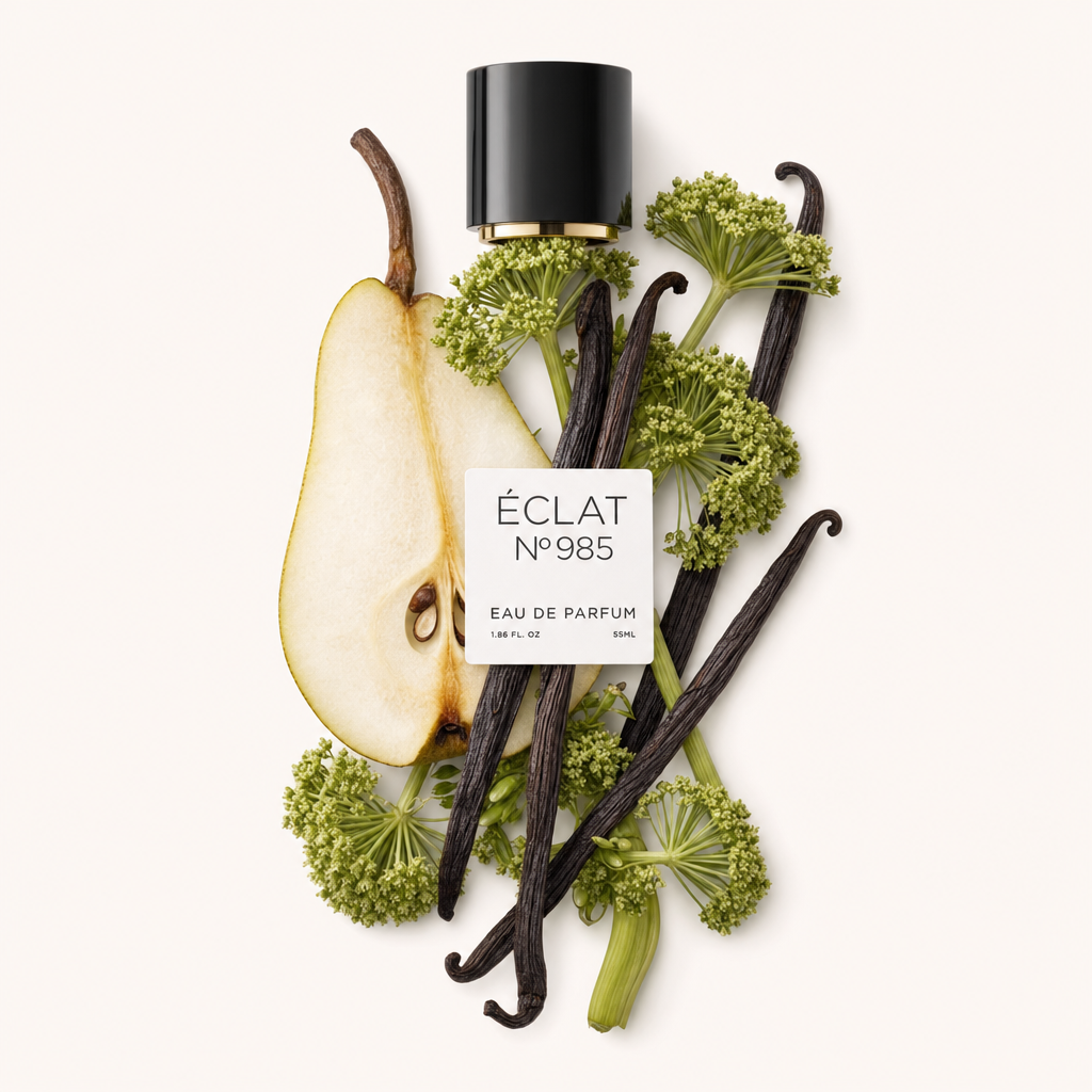 Aranżacja z kwiatów arcydzięgla, lasek wanilii i plastra gruszki, z czarnym korkiem oznaczonym ÉCLAT Vanilla & Angelica.