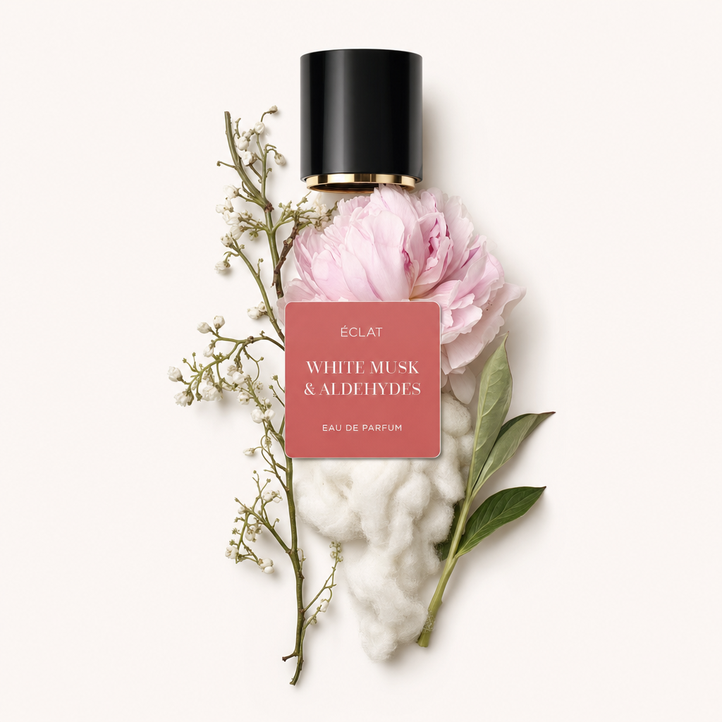 Spokojna kompozycja z różową piwonią, miękkimi bawełnianymi chmurami i delikatnymi białymi kwiatami pod czarną nakrętką z etykietą ÉCLAT White Musk & Aldehydes.