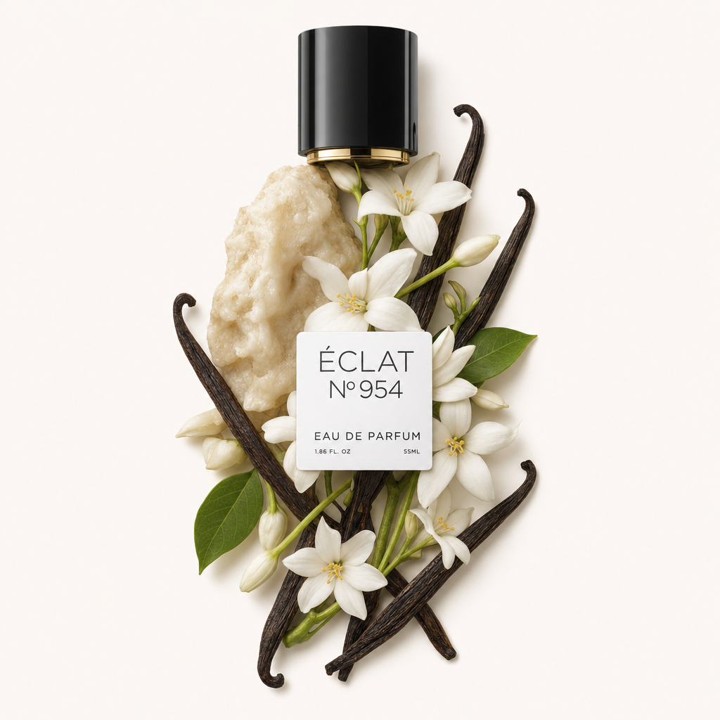 Aranżacja lasek wanilii, białych kwiatów i jasnobeżowej żywicy wokół czarnej nakrętki ÉCLAT - Warm Musk.