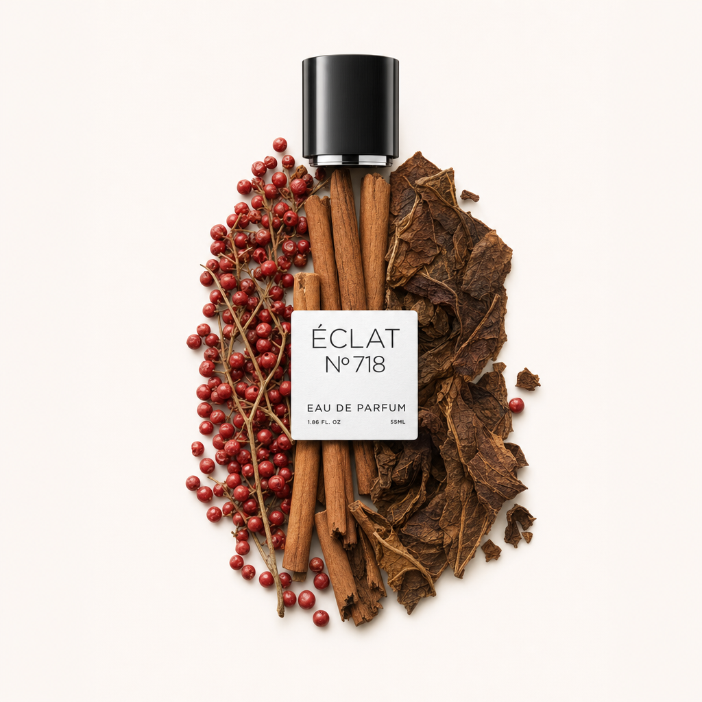 Starannie zaaranżowana martwa natura z składnikami perfum ÉCLAT Warm Spices, z laskami cynamonu, czerwonym pieprzem i liśćmi tytoniu oraz oryginalnym czarnym korkiem i etykietą.