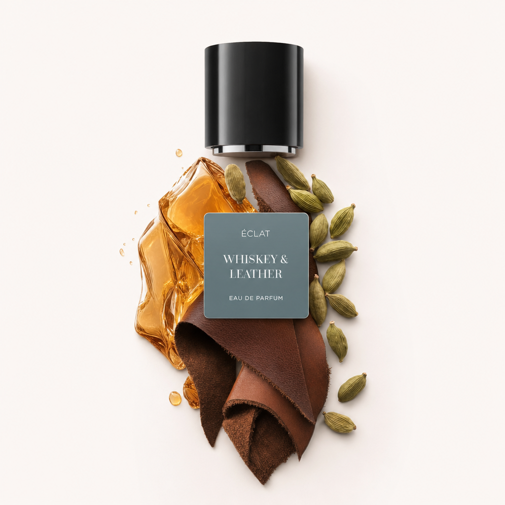 Kompozycja kropel whisky, pasków skóry i strąków kardamonu otacza czarną nakrętkę z etykietą ÉCLAT Whiskey & Leather.
