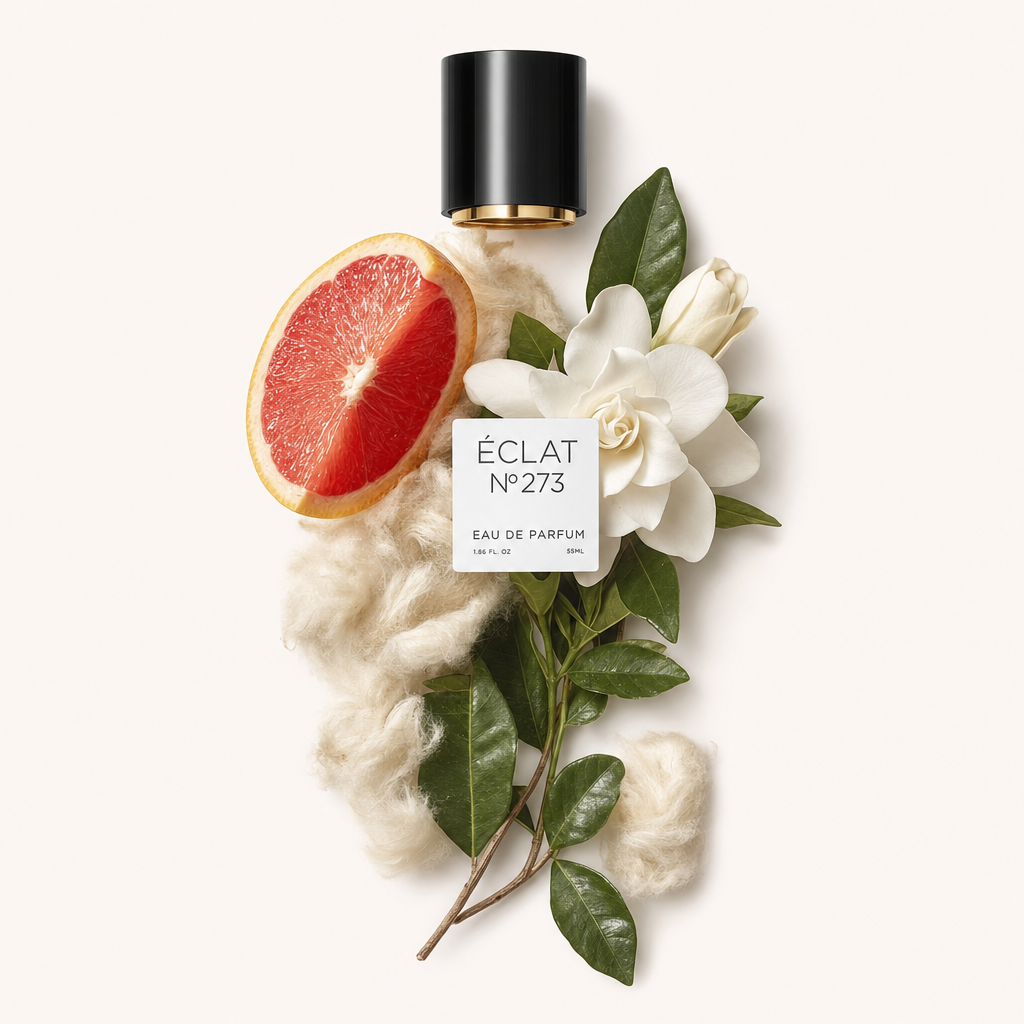 Aranżacja z połówki grejpfruta, białych kwiatów i zielonych liści otacza czarną nakrętkę ze złotym akcentem, oznaczoną ÉCLAT White Blossoms & Grapefruit.