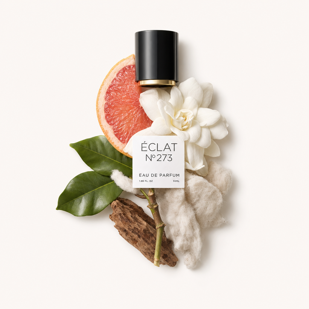 Kompozycja z plasterkiem grejpfruta, białymi kwiatami, zielonymi liśćmi i korą, z czarną nakrętką z etykietą ÉCLAT White Blossoms & Grapefruit.