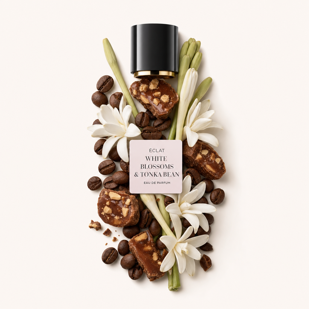 Aranżacja białych kwiatów, ziaren kawy i słodyczy w odcieniu karmelu otacza czarną nakrętkę z etykietą ÉCLAT White Blossoms & Tonka Bean.