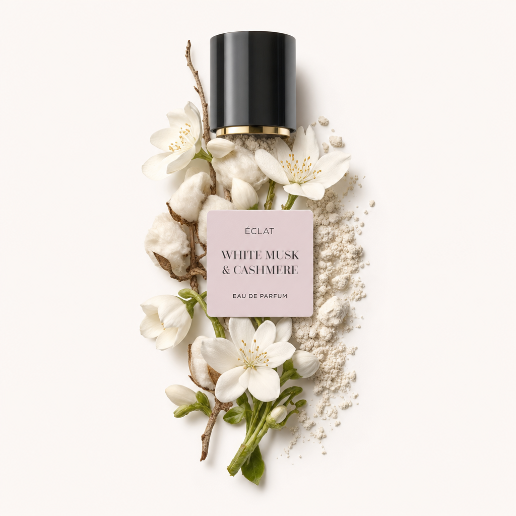 Kompozycja delikatnych białych kwiatów, kapsułek bawełny i drobnego proszku otacza etykietę ÉCLAT White Musk & Cashmere pod czarną nakrętką ze złotym akcentem.