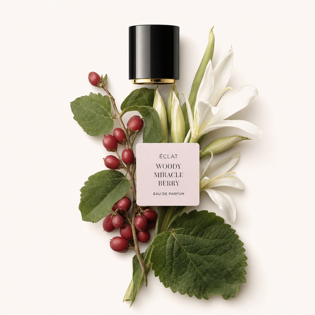 Aranżacja zielonych liści, czerwonych jagód i białych kwiatów z czarną nakrętką ÉCLAT Woody Miracle Berry.
