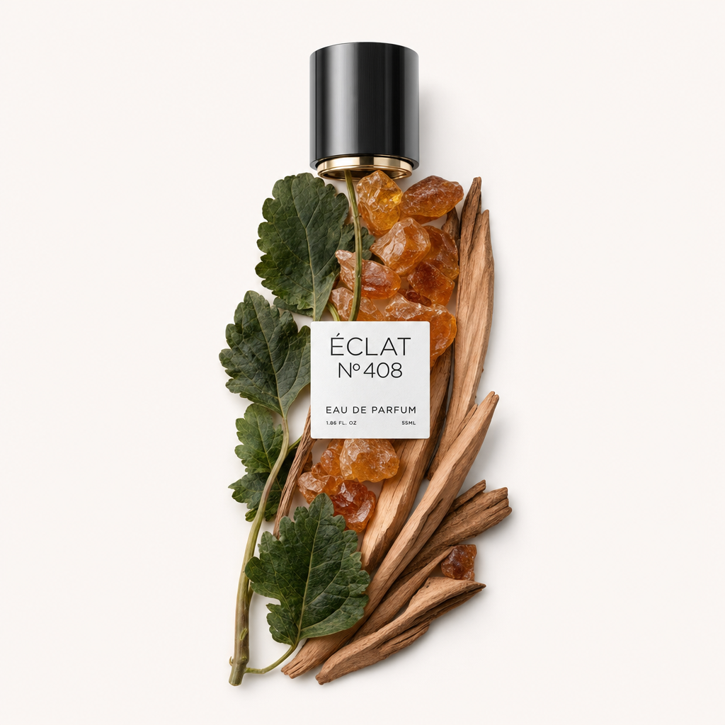 Elegancki układ zielonych liści i bursztynowych kamieni z drewnianymi patykami otacza oryginalną czarną nakrętkę z etykietą ÉCLAT Woody Patchouli.