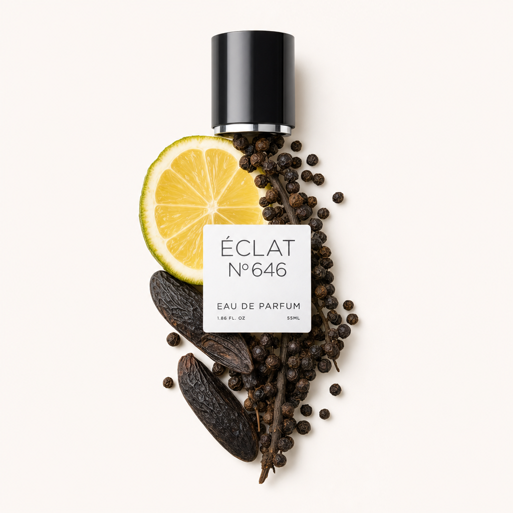 Kompozycja z plasterka cytryny, ziaren tonki i pieprzu otacza czarną nakrętkę z etykietą ÉCLAT Woody Tonka Bean.