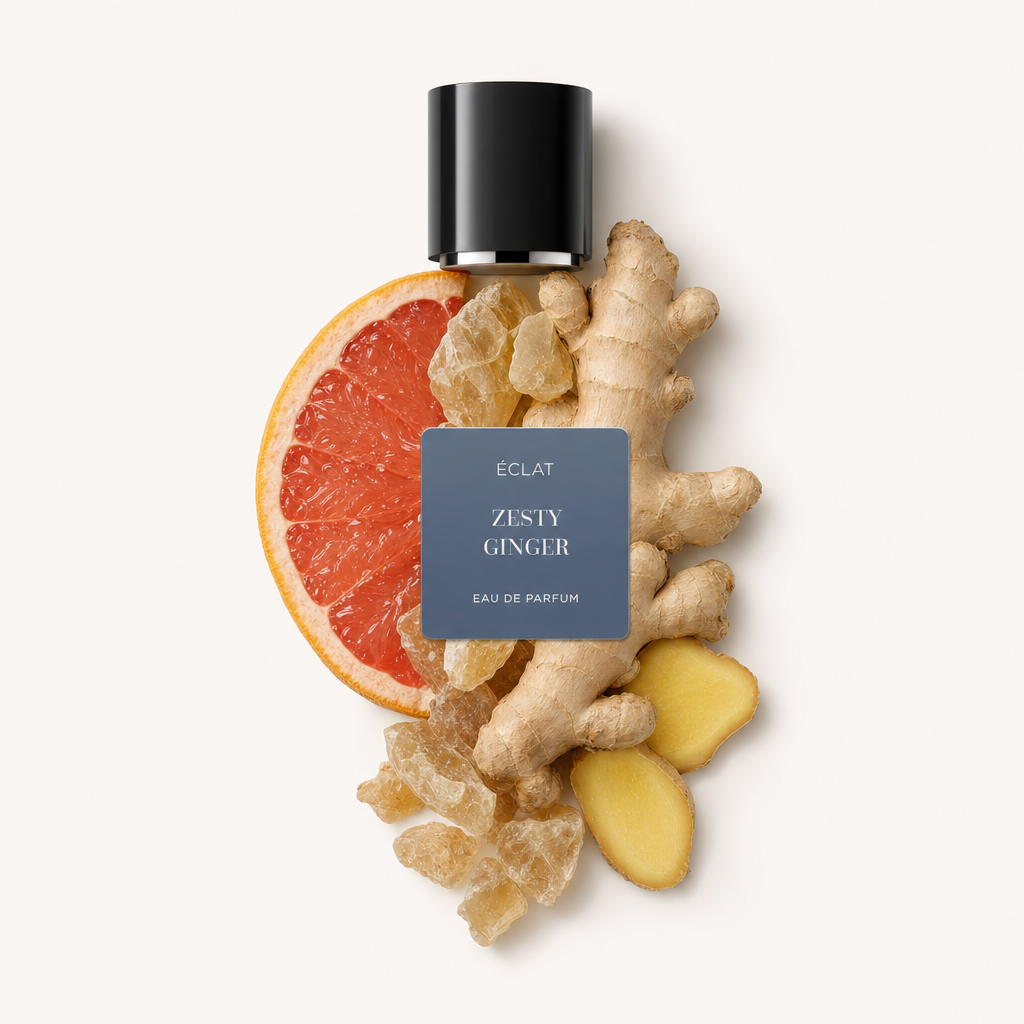 Aranżacja z grejpfruta, plasterków imbiru i kryształków cukru z czarną nakrętką na górze, oznaczona ÉCLAT Zesty Ginger.